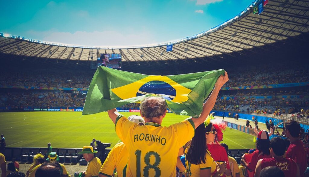people, soccer, stadium, crowd, audience, sports, flag, game, match, football, cheering, brazil, brazil flag, brazilian, championship, soccer field, world cup, robinho