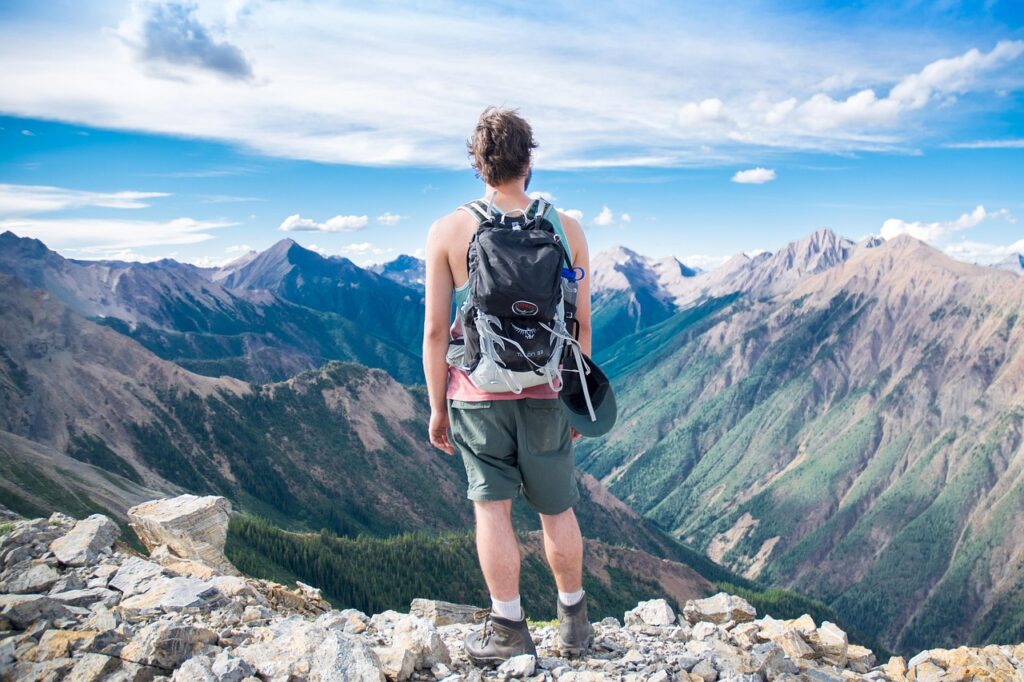 adventure, altitude, backpack, climb, nature, exploration, freedom, high, hike, landscape, man, mountain peaks, mountains, outdoors, person, pinnacle, rocks, scenic, sky, summer, travel, trek, view, viewpoint, blue sky, blue travel, blue landscape, blue mountain, blue summer, blue rock